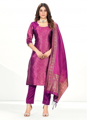 Straight Salwar Suit Woven Banarasi Silk in Purple