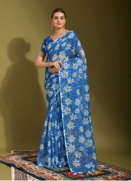 Striking Linen Blue Printed Contemporary Saree