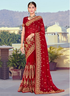 Striking Maroon Embroidered Contemporary Saree