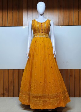 Stunning Yellow Embroidered Pure Georgette Designer Gown