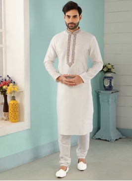 Stunning Off White Color Art Silk Embroidered Kurta Pajama