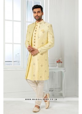 Stunning Yellow Embroidered Art SIlk Wedding Wear 3 Piece Jacket Set