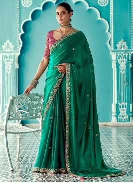 Stunning Zari Glass Tissue Green Trendy Saree