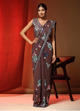 Stupendous Brown Sequins Georgette Contemporary Style Saree