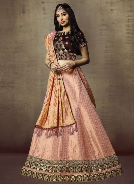 Stupendous Embroidered Jacquard Silk Pink Lehenga Choli