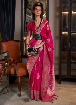 Stupendous Pure Georgette Pink Weaving Trendy Sare