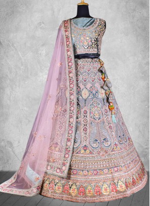 Stupendous Velvet Zari Aqua Blue Lehenga Choli