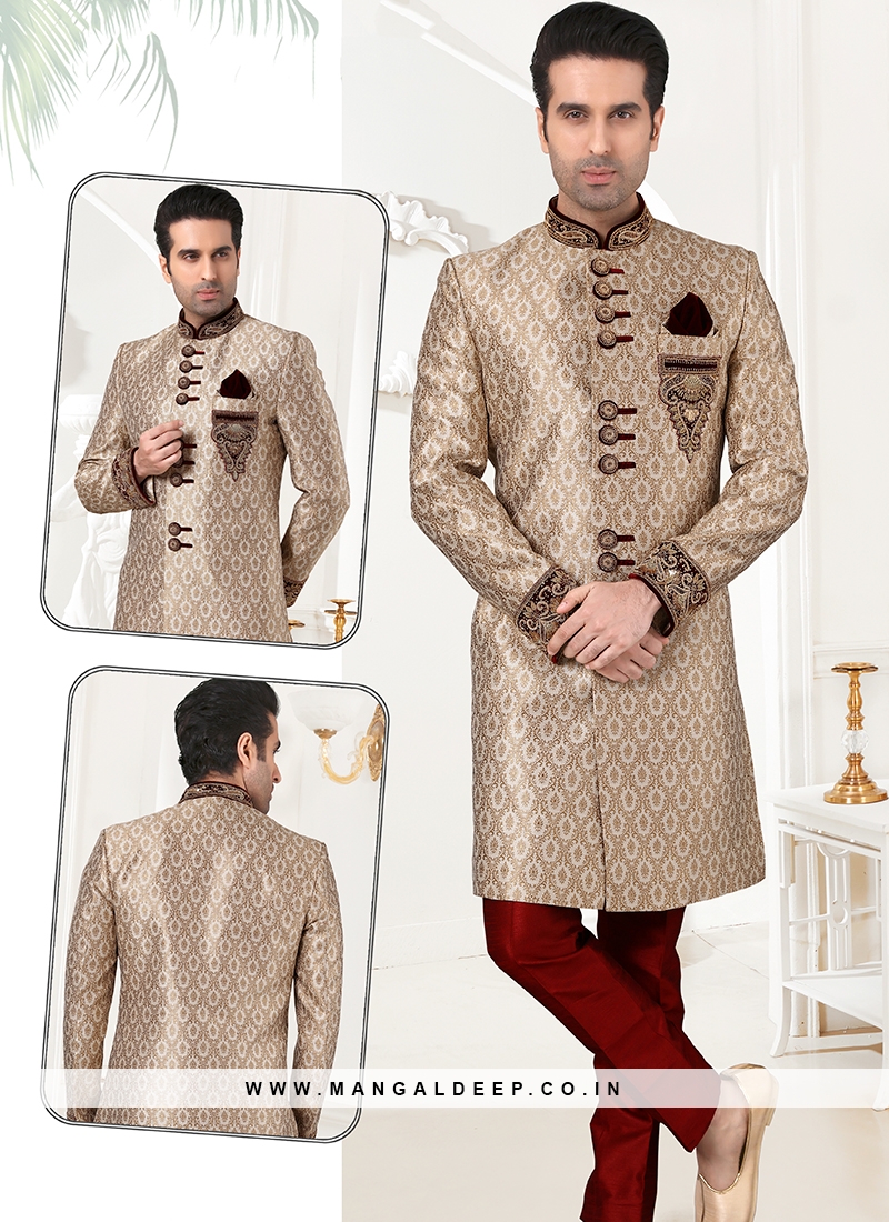 Stylish Antique Gold Banarasi Brocade Sherwani Set with Maroon Trouser