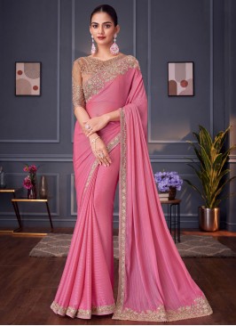 Stylish Embroidered Pink Silk Contemporary Saree