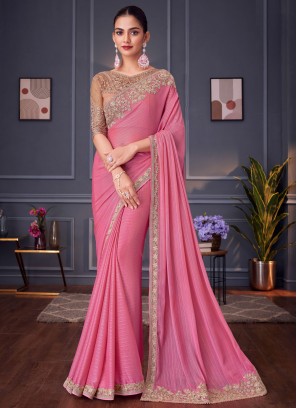 Stylish Embroidered Pink Silk Contemporary Saree