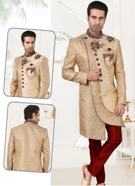 stylish Gold Brocade&Art Silk Sherwani with Marron