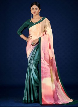 Stylish Pure Crepe Peach Digital Print Traditional Saree