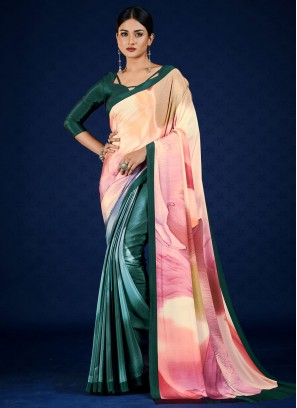 Stylish Pure Crepe Peach Digital Print Traditional Saree