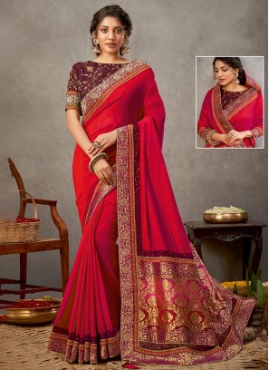 Stylish Red Georgette Contemporary Saree