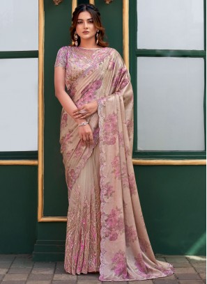 Stylish Sequins Brown Contemporary Saree