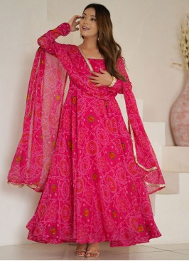 Suave Foil Print Rose Pink Chiffon Long Length Anarkali Salwar Suit