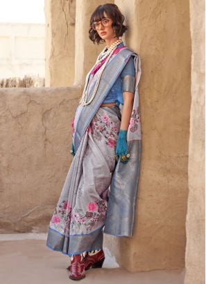 Suave Georgette Grey Border Designer Saree