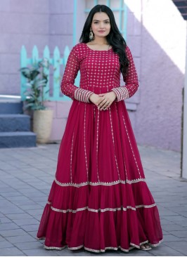 Suave Hot Pink Embroidered Georgette Floor Length Gown