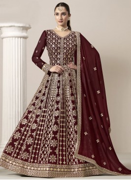 Suave Maroon Embroidered Faux Georgette Designer S