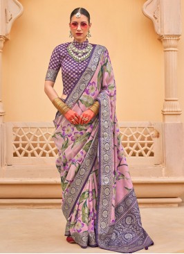 Subtle Floral Print Silk Lavender Contemporary Saree