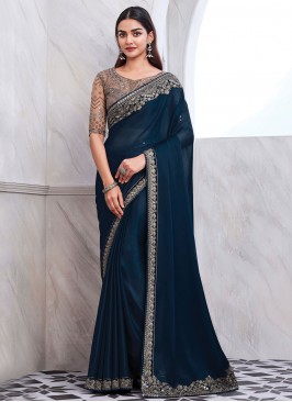 Subtle Sequins Teal Chiffon Traditional Saree