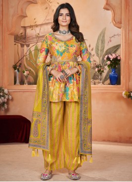 Sumptuous Silk Foil Print Yellow Trendy Salwar Kameez