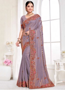 Sumptuous Violet Khatli Work Silk Designer Traditional Saree