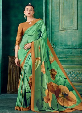 Superb Abstract Print Green Pure Crepe Trendy Saree