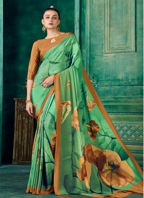 Superb Abstract Print Green Pure Crepe Trendy Saree