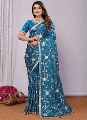 Superb Embroidered Morpeach  Satin Contemporary Saree