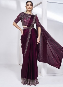 Superb Satin Silk Handwork Wine Classic Saree