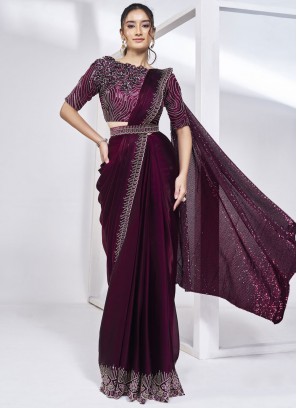 Superb Satin Silk Handwork Wine Classic Saree