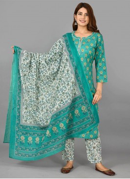 Superlative Cotton Green Printed Designer Salwar Suit