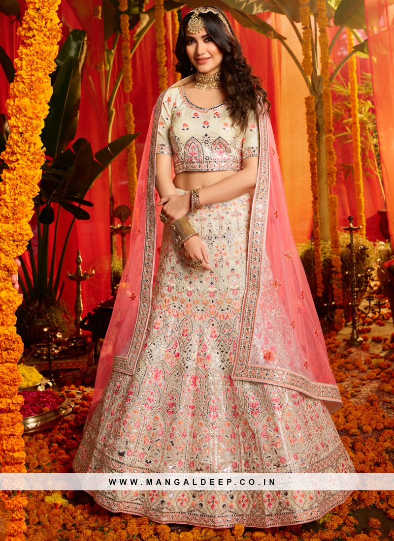 Cream Embroidered Lehenga Choli In Art Silk 2475LG01