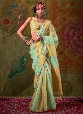 Superlative Turquoise and Yellow Festival Classic Saree