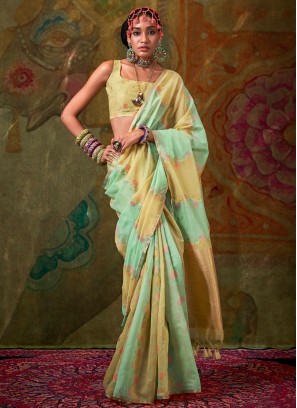 Superlative Turquoise and Yellow Festival Classic Saree