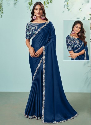 Surpassing Blue Embroidered Crepe Silk Contemporary Saree