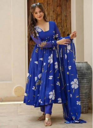 Surpassing Blue Georgette Pant Style Suit