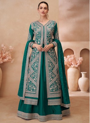 Surpassing Green and Teal Silk Readymade Lehenga Choli