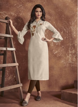 Tantalizing Cotton Cream Embroidered Party Wear Kurti
