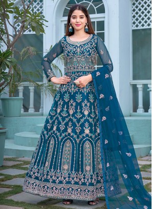 Teal Blue Butterfly Net Salwar Suit Set