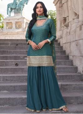 Teal Ceremonial Trendy Salwar Kameez