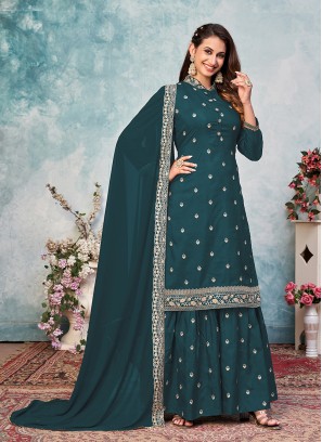 Teal Color Art Silk Embroidered Sharara Suit