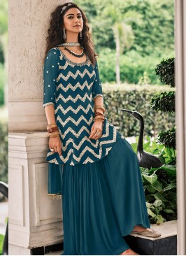 Teal Color Georgette Embroidered Fancy Sharara Sui