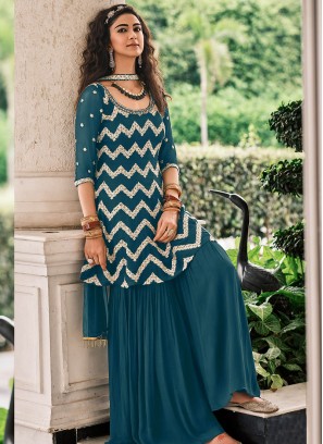 Teal Color Georgette Embroidered Fancy Sharara Suit