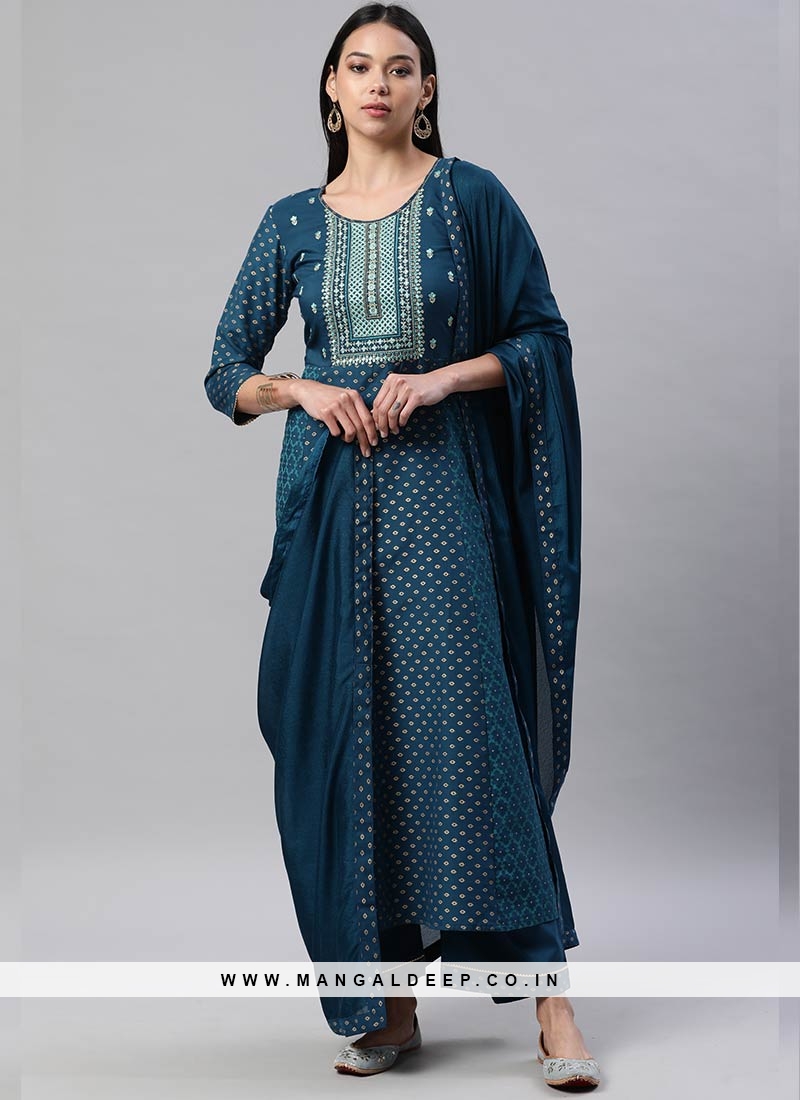 Teal Color Rayon Embroidered Readymade Suit