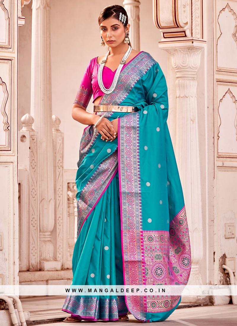 Silk Embroidery Saree In Teal Blue Colour - SR1543221