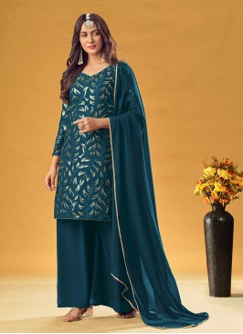 Teal Embroidered Faux Georgette Readymade Salwar S