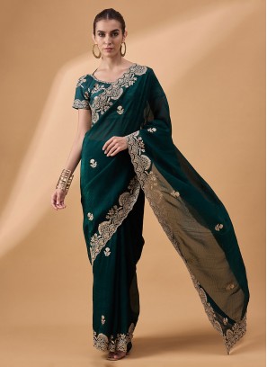 Teal Embroidered Festival Classic Saree