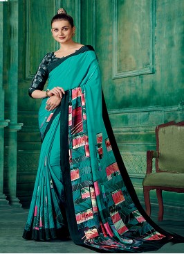 Teal Festival Pure Crepe Contemporary Saree